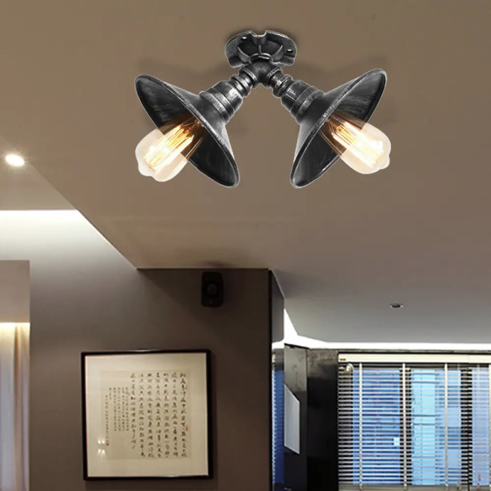 DecorBites™ DecorBites™ Rustic Metal Shade Pendant Light with Flare: 2-Bulb Ceiling Fixture in Aged Silver/Bronze Finish