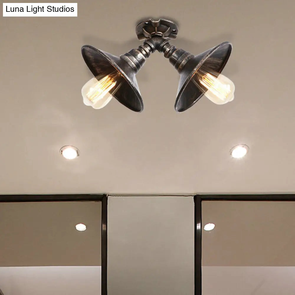 DecorBites™ DecorBites™ Rustic Metal Shade Pendant Light with Flare: 2-Bulb Ceiling Fixture in Aged Silver/Bronze Finish