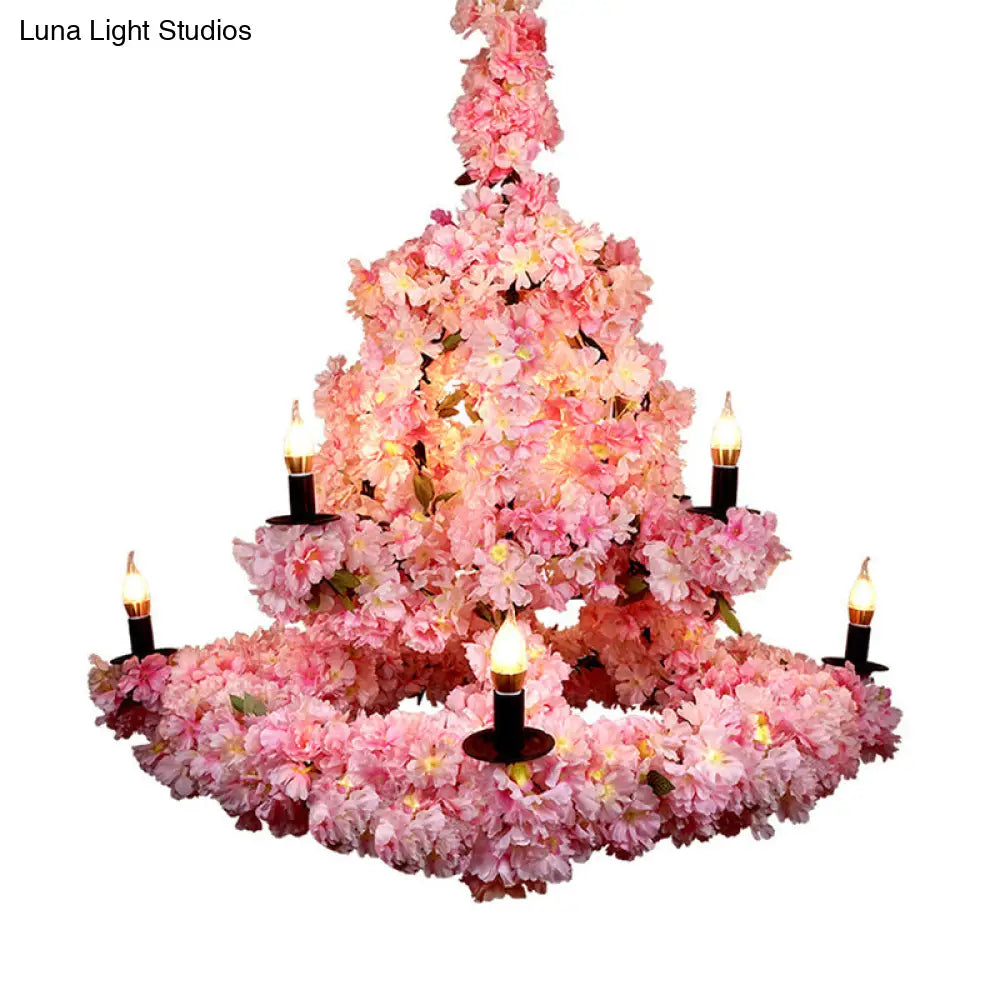 Rustic Metallic Chandelier Light with 9 Bulbs, Cherry Blossom Pink Decor