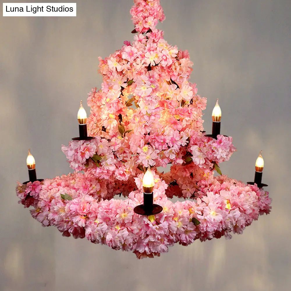 Rustic Metallic Chandelier Light with 9 Bulbs, Cherry Blossom Pink Decor