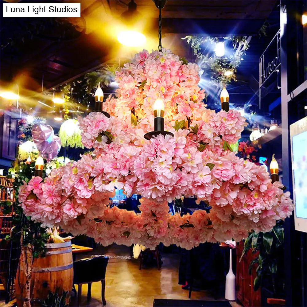 Rustic Metallic Chandelier Light with 9 Bulbs, Cherry Blossom Pink Decor
