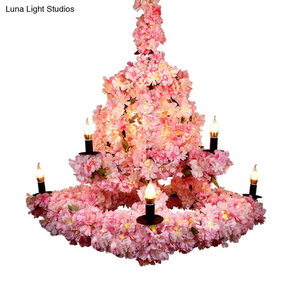 Rustic Metallic Chandelier Light with 9 Bulbs, Cherry Blossom Pink Decor