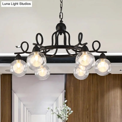 Rustic Mini Ball Clear Glass Pendant Light Fixture - 6/8-Light Hanging Chandelier in Black