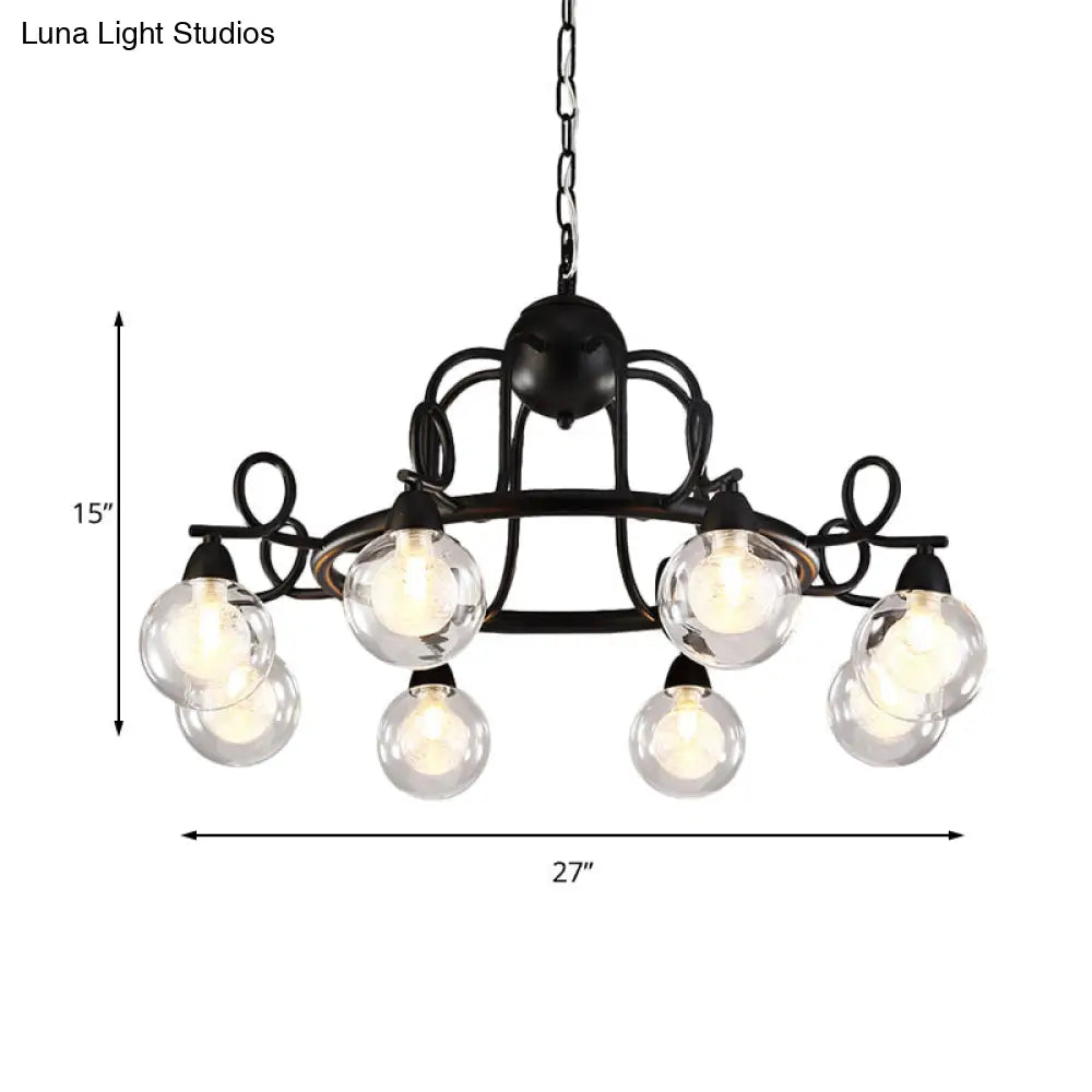 Rustic Mini Ball Clear Glass Pendant Light Fixture - 6/8-Light Hanging Chandelier in Black
