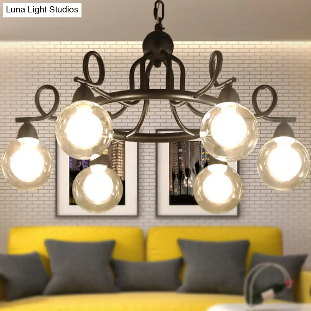 Rustic Mini Ball Clear Glass Pendant Light Fixture - 6/8-Light Hanging Chandelier in Black