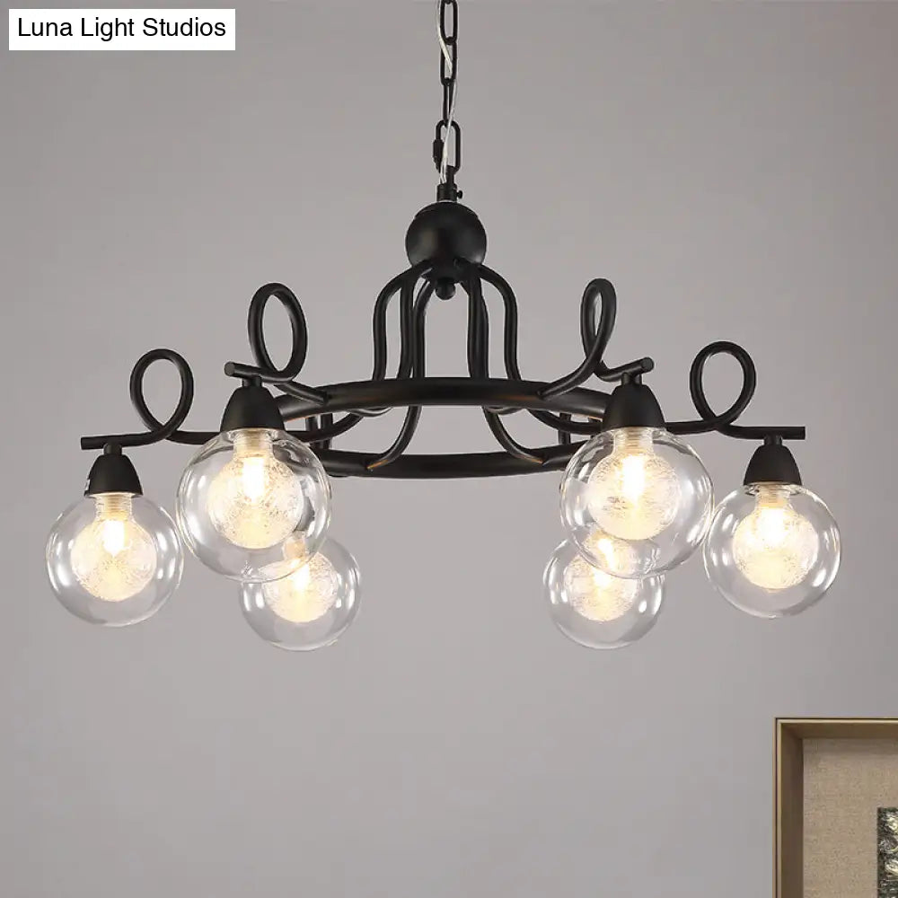 Rustic Mini Ball Clear Glass Pendant Light Fixture - 6/8-Light Hanging Chandelier in Black