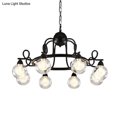 Rustic Mini Ball Clear Glass Pendant Light Fixture - 6/8-Light Hanging Chandelier in Black