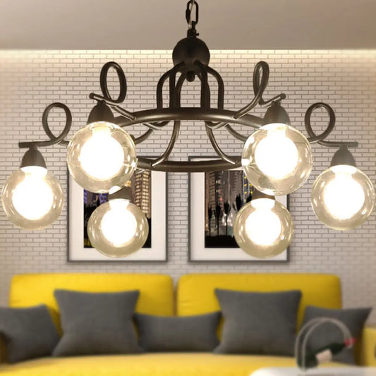 Rustic Mini Ball Clear Glass Pendant Light Fixture - 6/8-Light Hanging Chandelier in Black