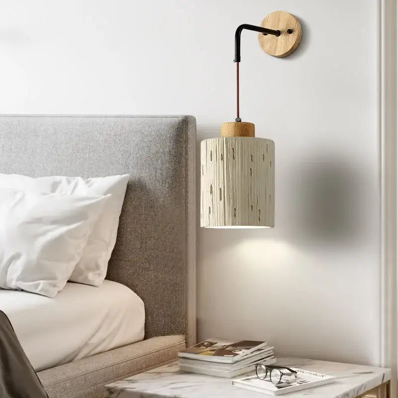 Rustic moon cement led wall lamp with natural wood base black metal arm and light-colored slatted shade for bedroom decorbites cement led