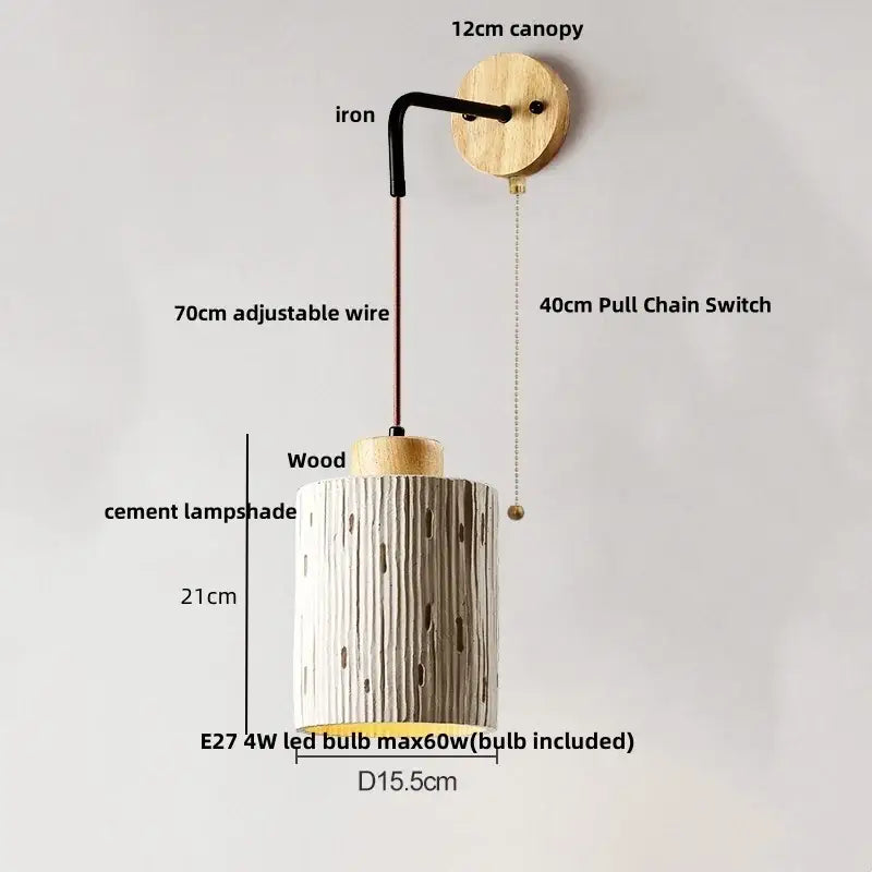 Rustic moon cylindrical cement led wall lamp with vertical wood grain texture on wooden base by decorbites cement led