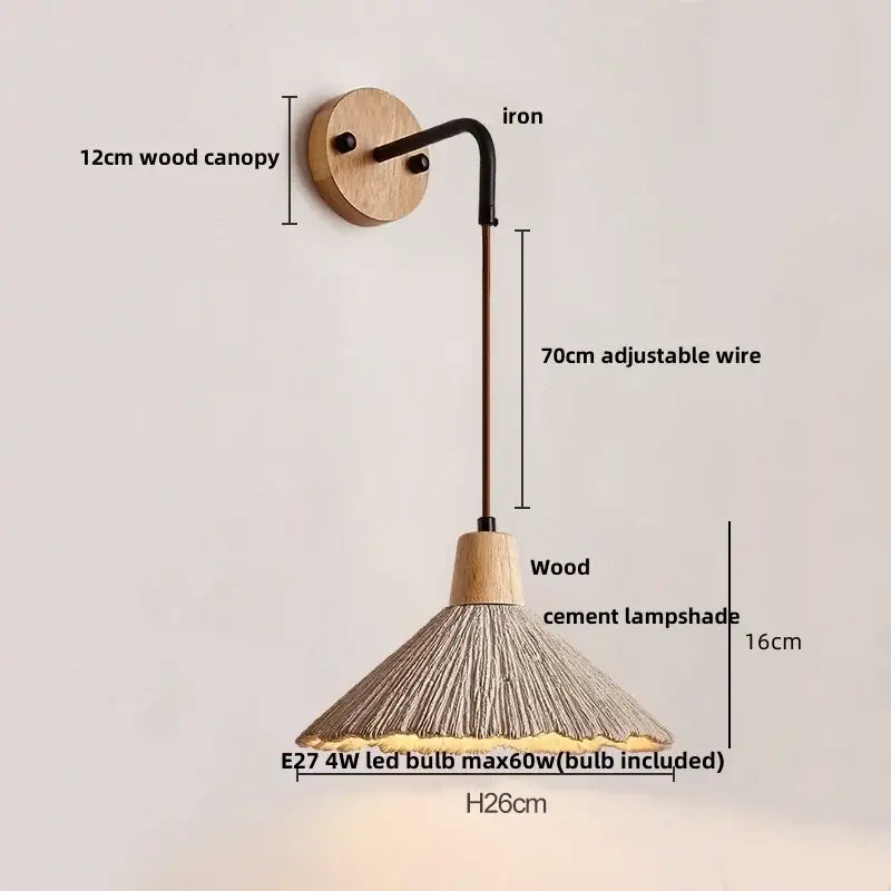 Rustic moon cement led wall lamp with 12cm wooden canopy, adjustable iron arm, and conical cement shade decorbites cement led