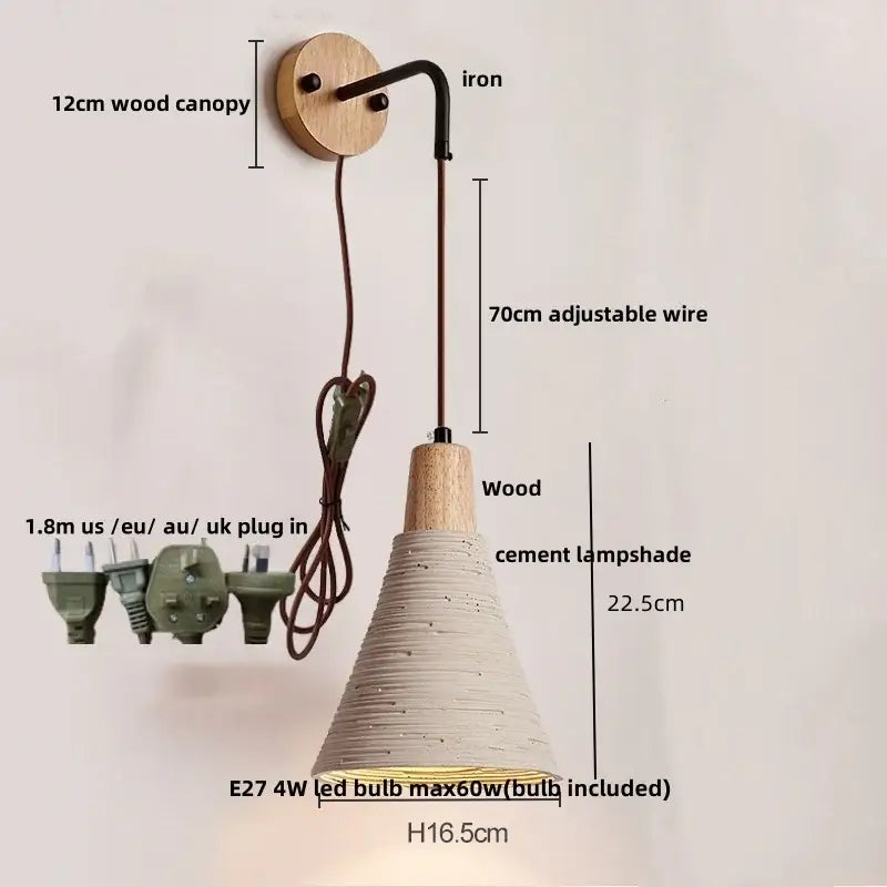 Rustic moon cement led wall lamp with natural wood base black iron arm and textured cement shade for decorbites cement led wall