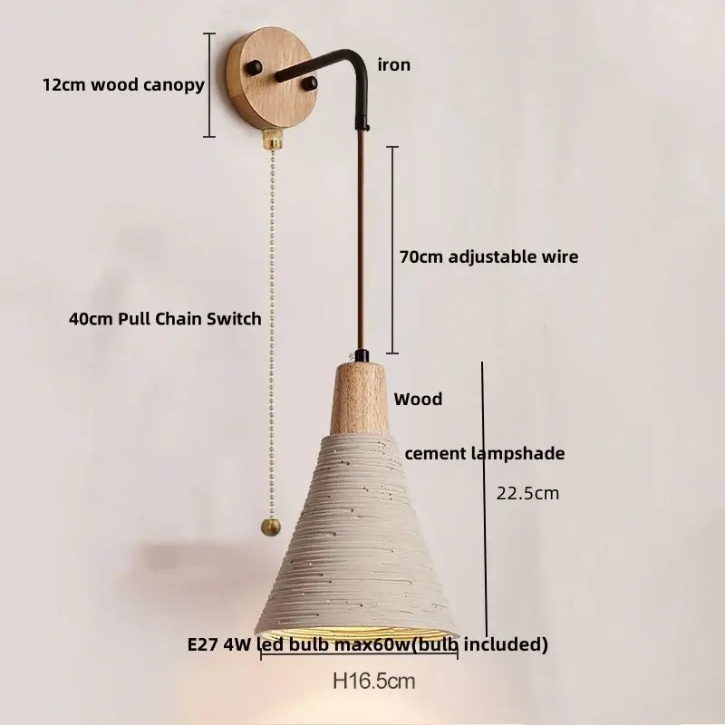 Rustic moon cement led wall lamp with natural wood base black iron arm and textured cement shade for bedroom decorbites cement led