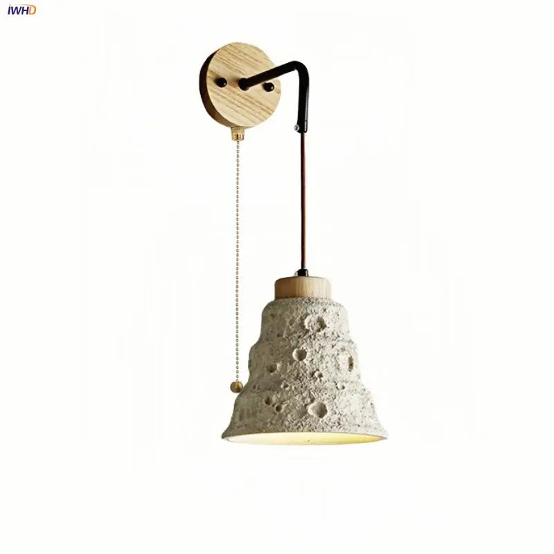Rustic moon cement led wall lamp with textured light gray concrete shade and natural wood base for bedroom decorbites cement led