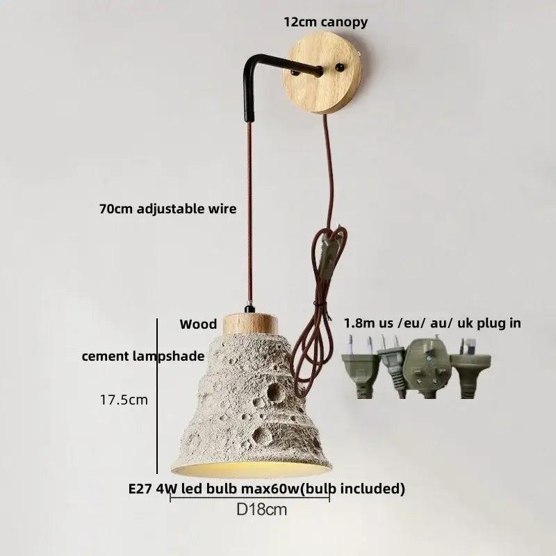 Rustic moon cement led wall lamp with textured cement shade wooden base and canopy decorbites cement led wall lamp