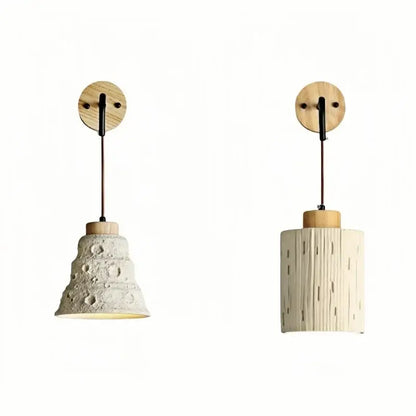 Rustic moon cement led wall lamp with wooden base features two off-white ceramic shades for bedroom decorbites cement led wall lamp