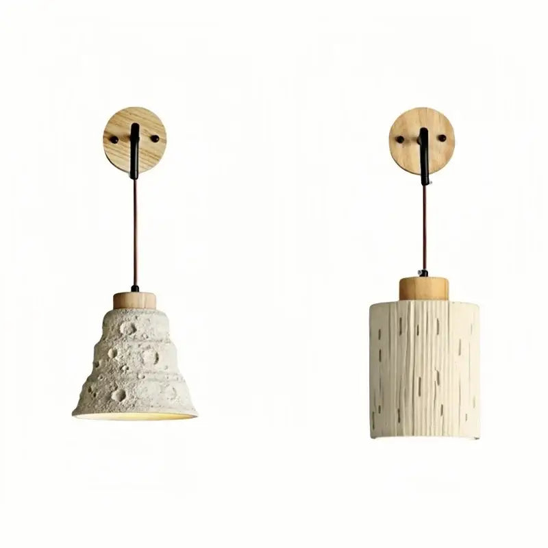 Rustic moon cement led wall lamp with wooden base features two off-white ceramic shades for bedroom decorbites cement led wall lamp
