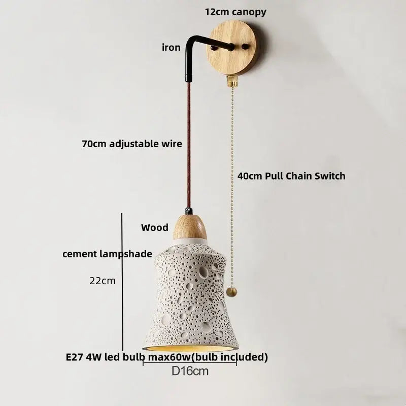 Rustic moon cement led wall lamp with white textured cement shade hanging from wood base iron arm decorbites cement led