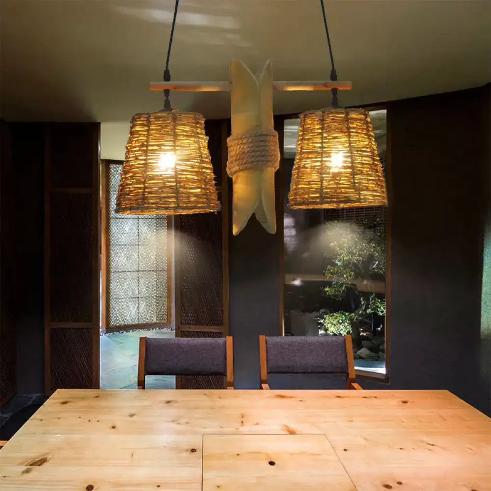 Decorbites rustic rattan pendant light fixture with bamboo design and warm natural glow for countryside lighting