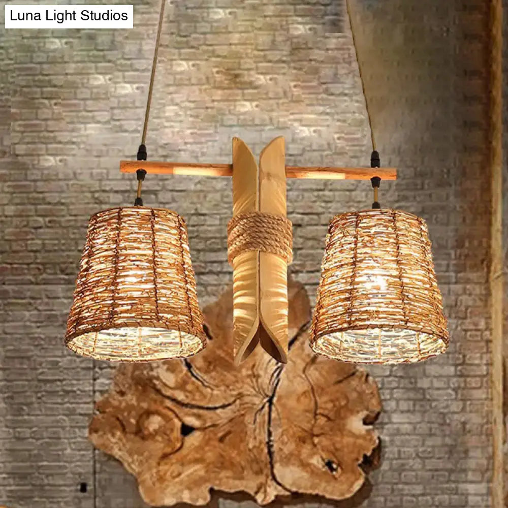 Decorbites rustic rattan shade pendant light fixture with wooden crossbar and rope accent for countryside lighting