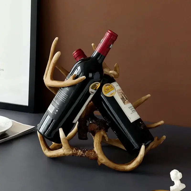 Rustic natural resin buckhorn wine holder decorbites buckhorn wine rack shaped like antlers holding two dark bottles