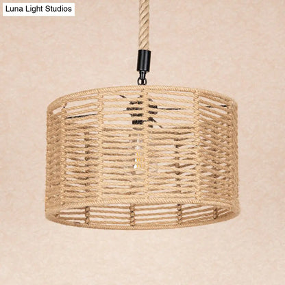 Rustic Natural Rope Drum Pendant Ceiling Lamp with 1 Bulb - Brown Finish | Perfect for Restaurants