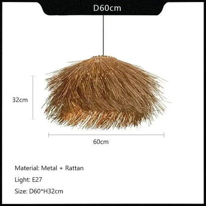 Rustic pendant light with natural straw shade in golden brown rattan and metal frame to bring warmth to dining rooms