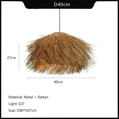 Rustic golden-brown pendant light with natural straw shade made of metal and rattan to bring warmth to dining rooms