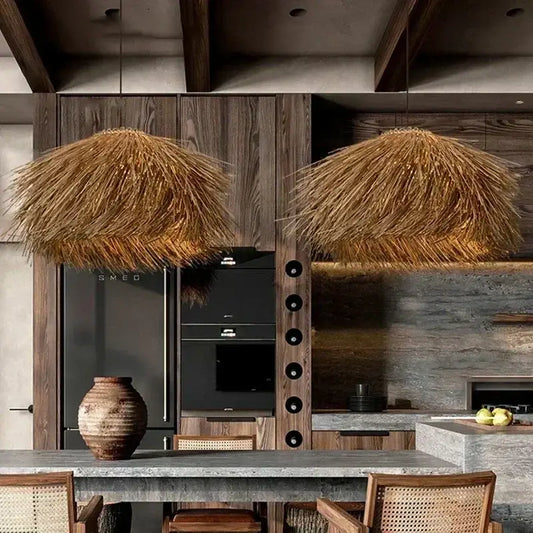 Two rustic golden-brown pendant lights with natural straw shade bring warmth to dining rooms