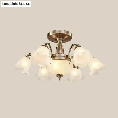 DecorBites™ DecorBites™ Rustic Opal Frosted Glass Ruffled Ceiling Mount Chandelier - Bronze/Copper with 8 Bulbs