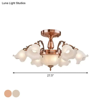 DecorBites™ DecorBites™ Rustic Opal Frosted Glass Ruffled Ceiling Mount Chandelier - Bronze/Copper with 8 Bulbs