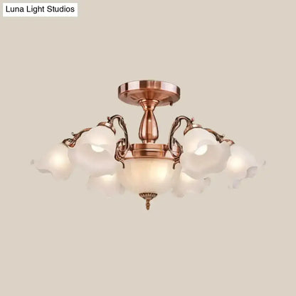 DecorBites™ DecorBites™ Rustic Opal Frosted Glass Ruffled Ceiling Mount Chandelier - Bronze/Copper with 8 Bulbs