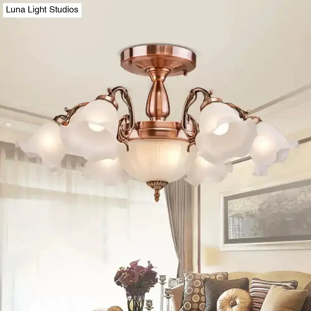 DecorBites™ DecorBites™ Rustic Opal Frosted Glass Ruffled Ceiling Mount Chandelier - Bronze/Copper with 8 Bulbs