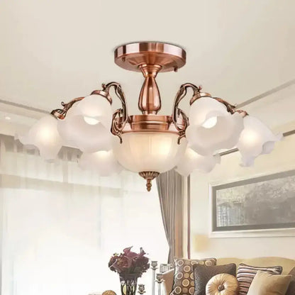DecorBites™ DecorBites™ Rustic Opal Frosted Glass Ruffled Ceiling Mount Chandelier - Bronze/Copper with 8 Bulbs