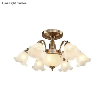 DecorBites™ DecorBites™ Rustic Opal Frosted Glass Ruffled Ceiling Mount Chandelier - Bronze/Copper with 8 Bulbs