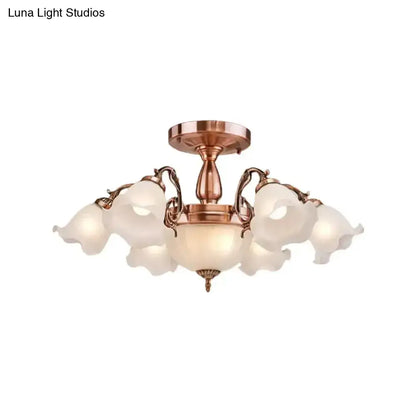 DecorBites™ DecorBites™ Rustic Opal Frosted Glass Ruffled Ceiling Mount Chandelier - Bronze/Copper with 8 Bulbs