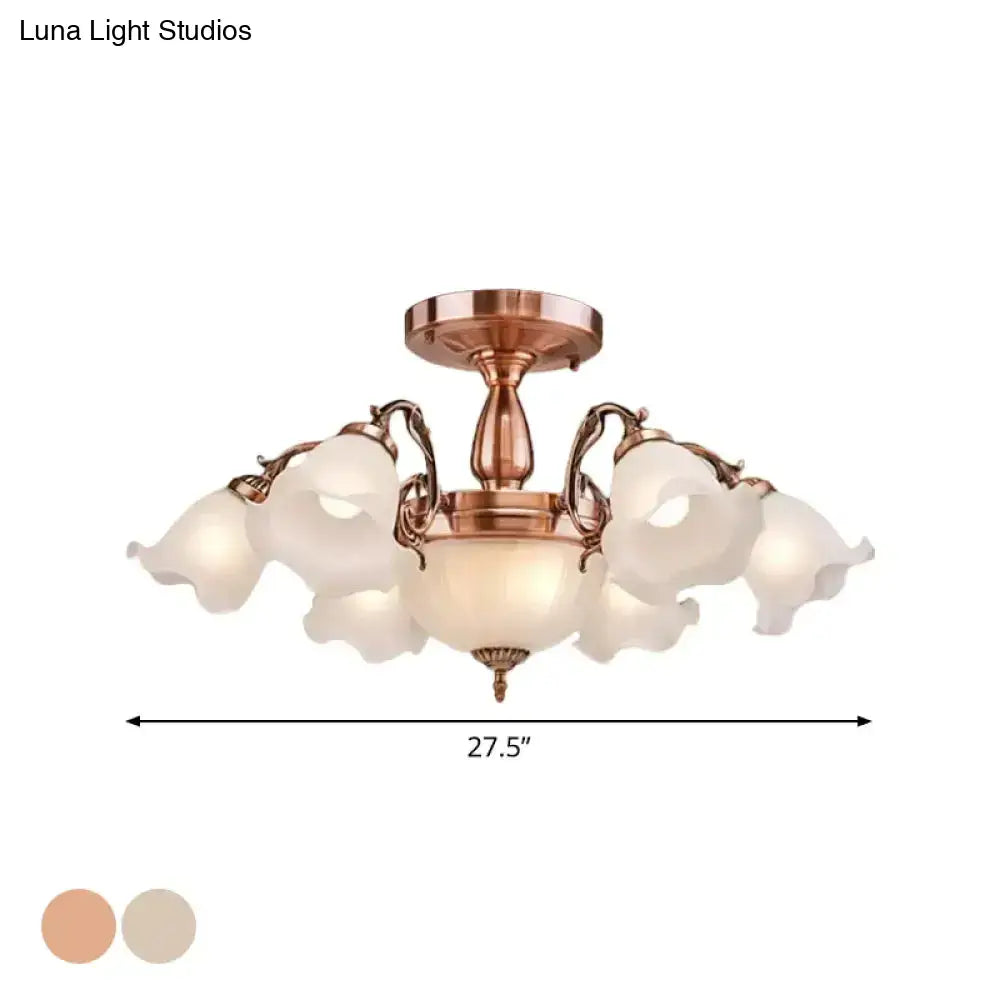 DecorBites™ DecorBites™ Rustic Opal Frosted Glass Ruffled Ceiling Mount Chandelier - Bronze/Copper with 8 Bulbs
