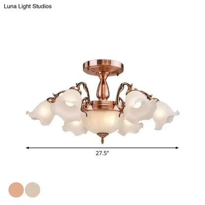 DecorBites™ DecorBites™ Rustic Opal Frosted Glass Ruffled Ceiling Mount Chandelier - Bronze/Copper with 8 Bulbs