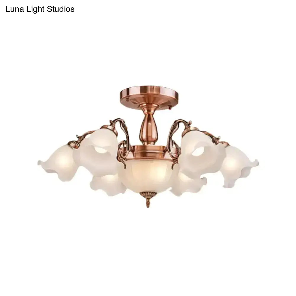 DecorBites™ DecorBites™ Rustic Opal Frosted Glass Ruffled Ceiling Mount Chandelier - Bronze/Copper with 8 Bulbs