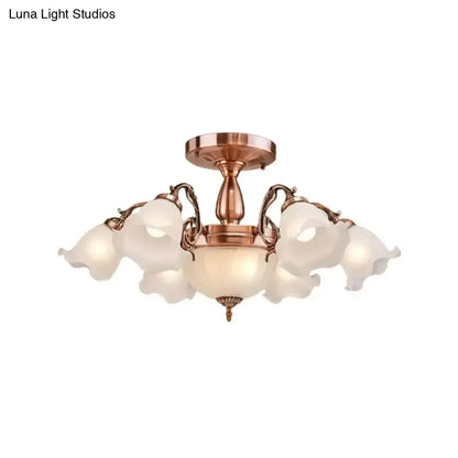 DecorBites™ DecorBites™ Rustic Opal Frosted Glass Ruffled Ceiling Mount Chandelier - Bronze/Copper with 8 Bulbs