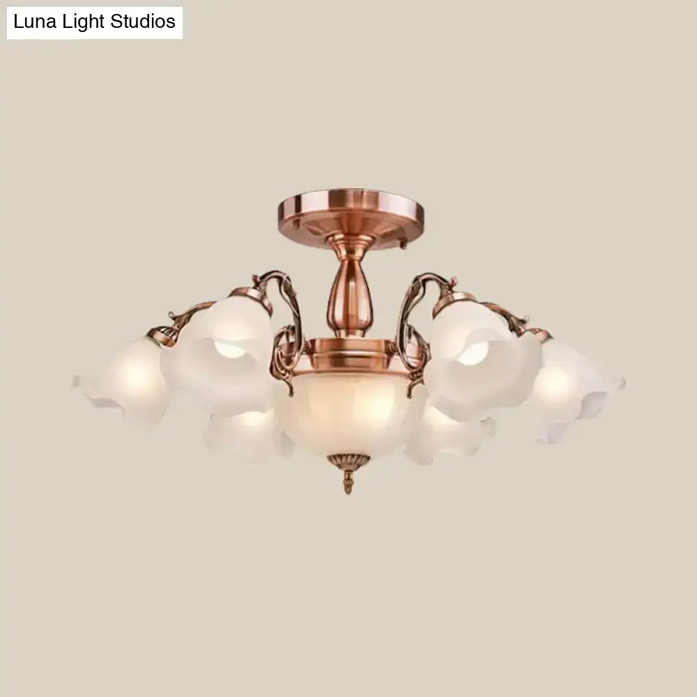 DecorBites™ DecorBites™ Rustic Opal Frosted Glass Ruffled Ceiling Mount Chandelier - Bronze/Copper with 8 Bulbs