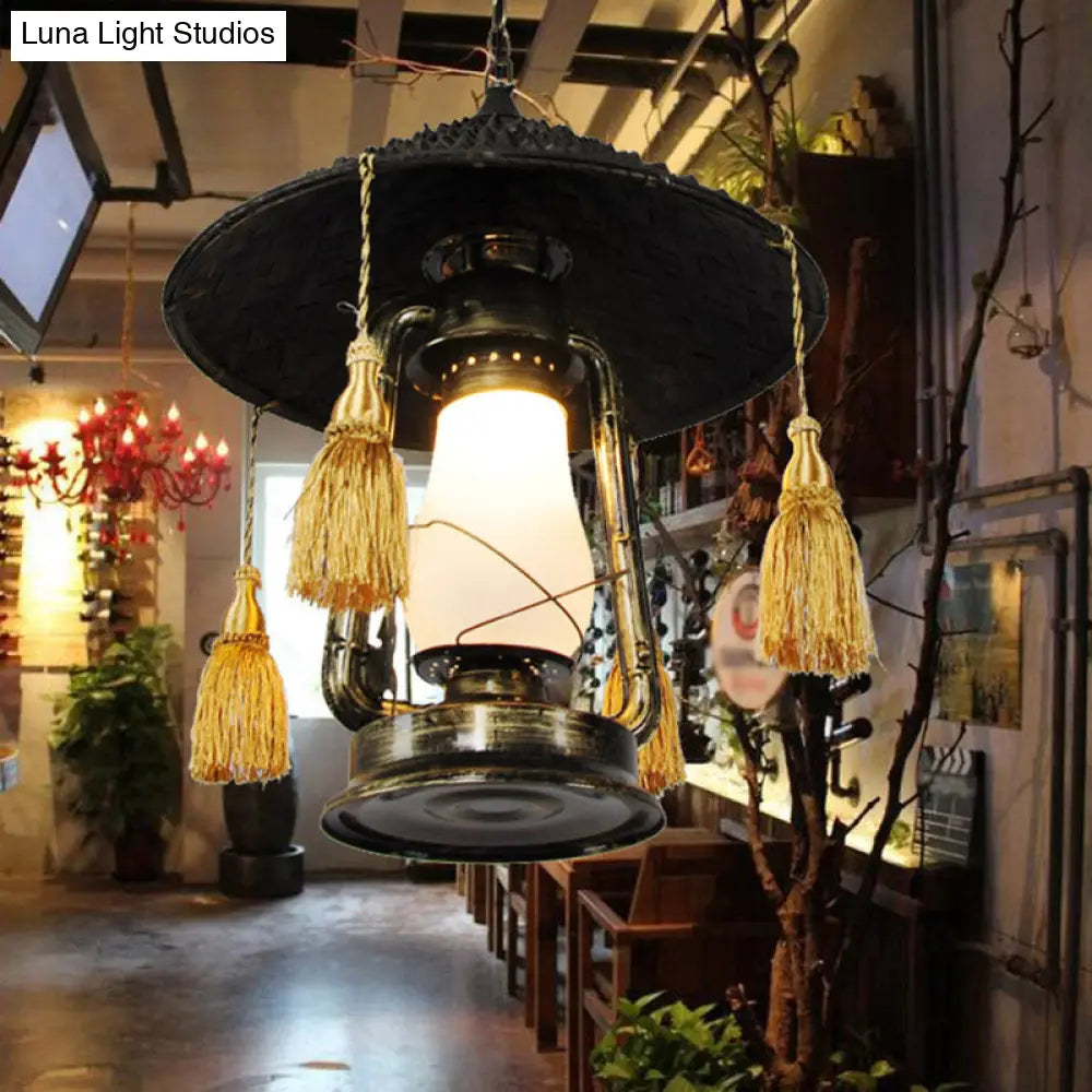 Rustic Opal Glass Kerosene Ceiling Lamp with Tassel and Cone Hat Top