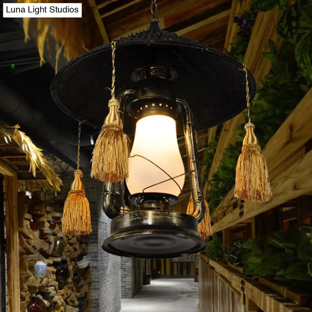 Rustic Opal Glass Kerosene Ceiling Lamp with Tassel and Cone Hat Top