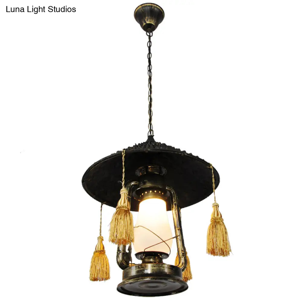 Rustic Opal Glass Kerosene Ceiling Lamp with Tassel and Cone Hat Top