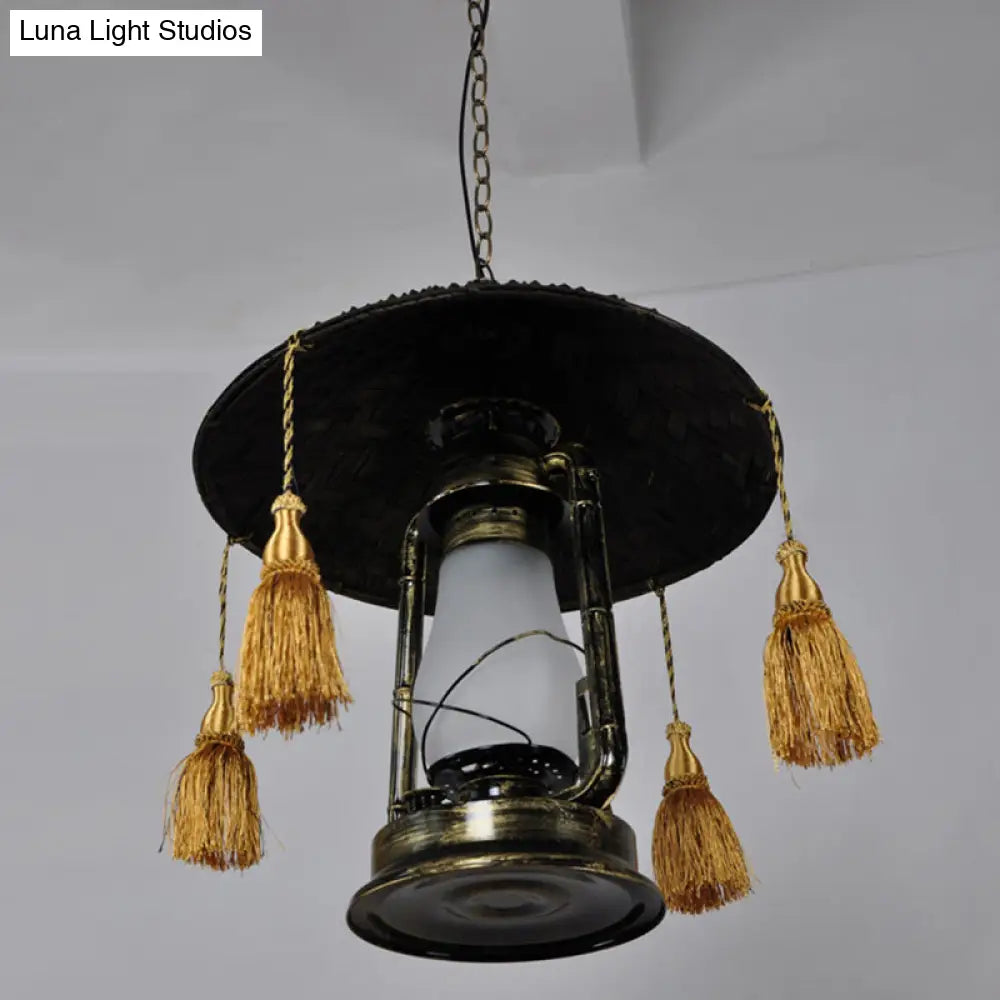 Rustic Opal Glass Kerosene Ceiling Lamp with Tassel and Cone Hat Top