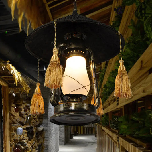 Rustic Opal Glass Kerosene Ceiling Lamp with Tassel and Cone Hat Top