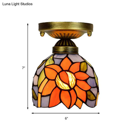 Rustic Orange Sunflower Stained Glass Flush Ceiling Light - 6-Inch, 1 Head - Ideal for Corridor