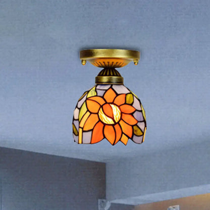 Rustic Orange Sunflower Stained Glass Flush Ceiling Light - 6-Inch, 1 Head - Ideal for Corridor