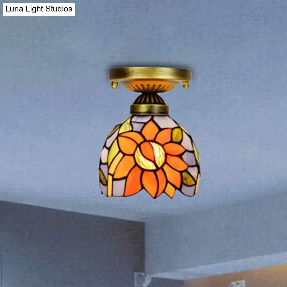 Rustic Orange Sunflower Stained Glass Flush Ceiling Light - 6-Inch, 1 Head - Ideal for Corridor