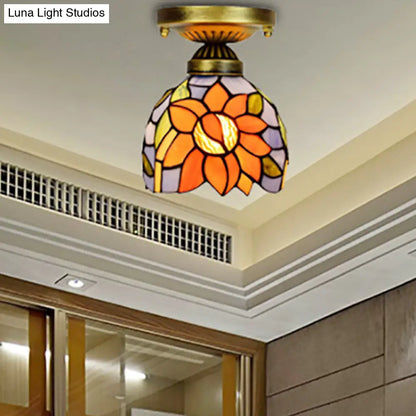 Rustic Orange Sunflower Stained Glass Flush Ceiling Light - 6-Inch, 1 Head - Ideal for Corridor